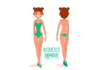 Women s Swimsuit Vector. Fashionable Swimsuit. Back And Front Side. Fashion Bikini. Isolated Flat Illustration