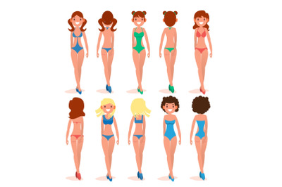 Women s Swimsuit Set Vector. Beautiful Girls In Bathing Suits Of Different Types. Various Types. Fashion Bikini Collection. Isolated Flat Illustration