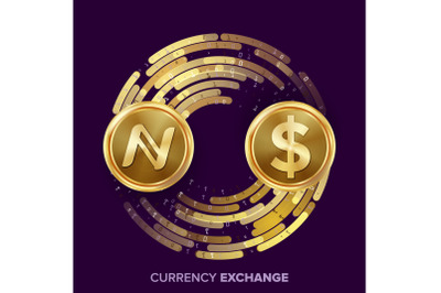 Digital Currency Money Exchange Vector. Namecoin, Dollar. Fintech Blockchain. Gold Coins With Digital Stream. Cryptography. Conversion Commercial Operation. Business Investment. Financial Illustration