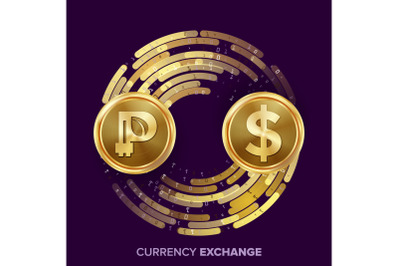 Digital Currency Money Exchange Vector. Peercoin, Dollar. Fintech Blockchain. Gold Coins With Digital Stream. Cryptography. Conversion Commercial Operation. Business Investment. Financial Illustration