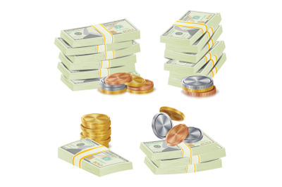 Money Banknotes Stacks Vector. 3D Cash&2C; Gold Coins&2C; Banknotes Piles Illustration