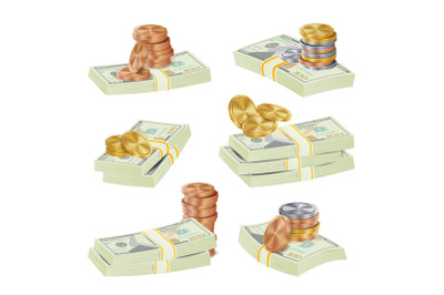 Dollar Stacks Vector. Gold Coins And Money Banknotes. Cash Symbol. Money Bill Isolated Illustration.