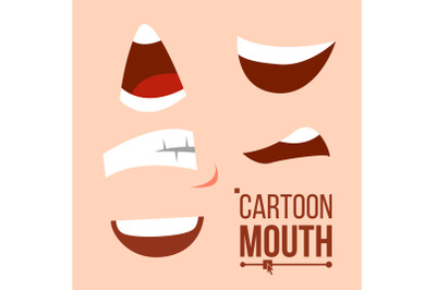Cartoon Mouth Set Vector. Tongue, Smile, Teeth. Expressive Emotions. Poses Elements. Flat Illustration