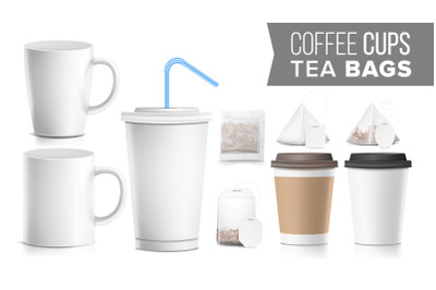 Take-out Various Ocher Paper Cups, Tea Bags Mock Up Vector. Plastic And Ceramic. Big Small Coffee Cup. Cola, Soft Drinks Cup Template. Tube Straw. 3D Cardboard Object. Isolated Illustration