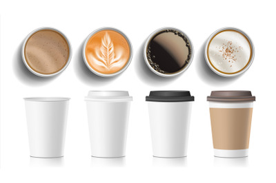 Coffee Cups Top View Vector. Plastic, Paper White Empty Fast Food Take Out Coffee Menu Mugs. Various Ocher Paper Cups. Breakfast Beverage. Realistic Isolated Illustration