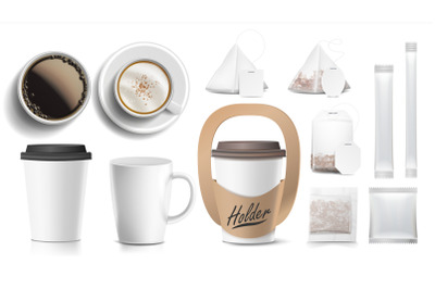 Coffee Packaging Design Vector. Cups Mock Up. White Coffee Mug. Ceramic And Paper&2C; Plastic Cup. Top&2C; Side View. Holder For Carrying One Cup. Blank Foil Packaging Sugar. Realistic Isolated Illustration