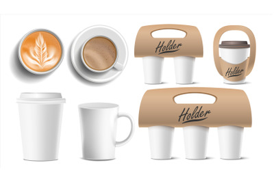 Coffee Packaging Vector. Cups Mock Up. Ceramic And Paper&2C; Plastic Cup. Top&2C; Side View. Cups Holder For Carrying&2C; One&2C; Two&2C; Three Cups. Hot Drink. Take Away Cafe Coffee Cups Holder Mockup. Isolated Illustration