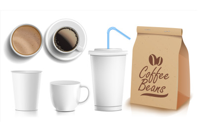 Coffee Packaging Design Vector. Cups Mock Up. White Coffee Mug. Ceramic And Paper, Plastic Cup. Top, Side View. Blank Foil Packaging. Realistic Isolated Illustration