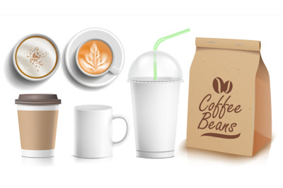 Coffee Packaging Template Design Vector. White Coffee Mug. Ceramic And Paper, Plastic Cup. Top, Side View. Blank Foil Packaging. Isolated Illustration