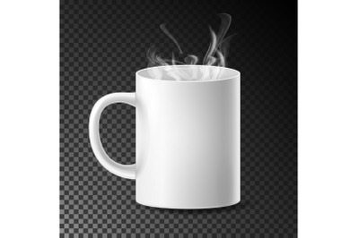 White Cup, Mug Vector. Realistic Ceramic Or Plastic Cup Isolated On Transparent Background. Empty Classic Cafe Cup With Handle And Steam Illustration. Good For Business Branding, Corporate Identity