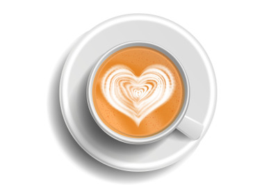 Coffee Art Vector. Cup Top View. Hot Cappuccino Coffee. White Mug. Realistic Illustration