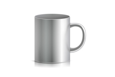 Metal Cup, Mug Vector. 3D Realistic Metallic Chrome, Silver Cup Isolated On White Background. Classic Mug With Handle Illustration. For Business Branding