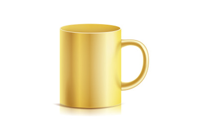 Gold Cup, Mug Vector. 3D Realistic Golden Cup Isolated On White Background. Classic Metal Mug Template With Handle Illustration. For Business Branding