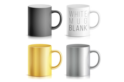 Realistic Cup, Mug Set Vector. White, Black, Silver, Chrome, Golden Cup Isolated On White Background. Classic Mug Template With Handle Illustration. For Business Branding