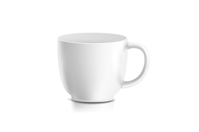 White Mug Vector. 3D Realistic Ceramic Coffee, Tea Cup Isolated On White. Classic Office Cup Mock Up With Handle Illustration. Good For Business Branding, Corporate Identity