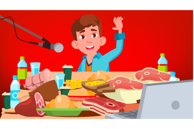 Mukbang Eating Show Vector. Guy. Food Challenge. Video Blog Channel. Illustration