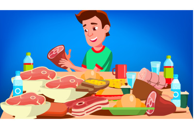 Mukbang Eating Show Vector. Guy. Social Eating. Popular Video Streamer Blogger. Illustration