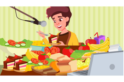 Mukbang Eating Show Vector. Girl. Cooking A Lot Of Food. Korean Social Media. Illustration