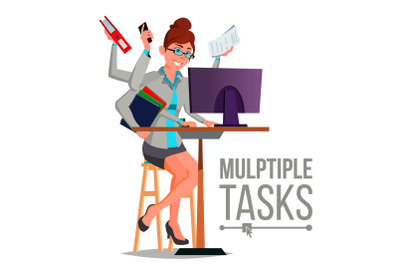 Multiple Tasks Business Woman Vector. Many Hands Doing Tasks. Professional Occupation. Flat Cartoon Illustration