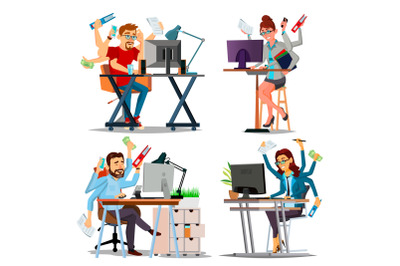 Multiple Tasks Business Concept Vector. Set Person. Many Hands Doing Tasks. Professional Occupation. Skill Of Multitasking. Financial Occupation. Talented Worker. Plodding Worker. Cartoon Illustration