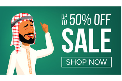 Arab Man Banner Vector. Middle Eastern People. Young Saudi Arabic. For Presentation&2C; Invitation&2C; Card Design. Illustration