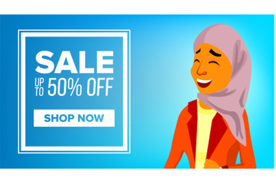 Arab Woman Banner Vector. Middle Eastern. Middle Eastern People. For Postcard&2C; Cover&2C; Placard Design. Illustration