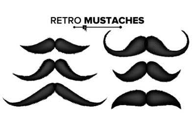 Hair Mustaches Set Vector. Barber Shop. Funny Curly Black Mustache. Isolated On White Illustration