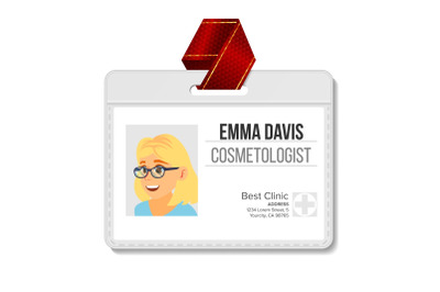 Cosmetologist Identification Badge Vector. Woman. Name Tag Template. Health. Doctor. Medical Specialist. Isolated Flat Cartoon Character Illustration