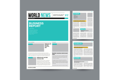 Newspaper Design Template Vector. Modern Newspaper Layout Template. Financial Articles, Business Information. World News Economy Headlines. Blank Spaces For Images. Isolated Illustration