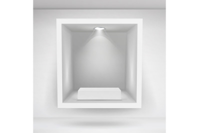 Empty Niche Vector. Realistic Clean Shelf, Niche, Wall Showcase. Good For Presentations, Display Your Product. Illuminated Light Lamp