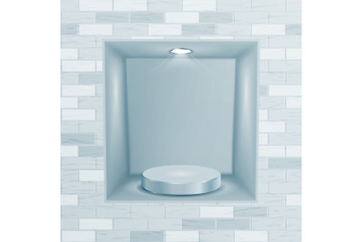 Empty Niche Vector. Realistic Brick Wall. Clean Empty Shelf, Niche, Showcase In The Wall. Mock Up. Good For Presentations, Display Your Product. Illuminated Light Lamp