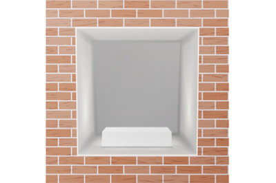 Empty Niche Vector. Realistic Brick Wall. Clean Shelf, Niche, Wall Showcase. Good For Presentations, Display Your Product. Illuminated Light Lamp