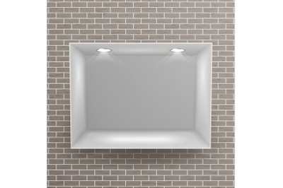 Empty Niche Vector. Realistic Brick Wall. Clean Shelf, Niche, Wall Showcase. Good For Presentations, Display Your Product. Illuminated Light Lamp