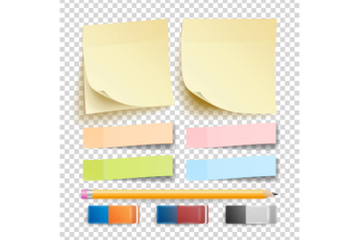 Post Note Sticker Vector. Isolated Set. Eraser And Pencil. Good For Advertising Design. Rainbow Memory Pads. Realistic Illustration