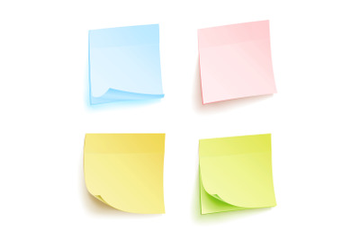 Paper Work Notes Isolated Vector Set. Sticky Note Paper For Noticeboard With Curled Corners Illustration. Colored Sticker Bank With Curl Corner