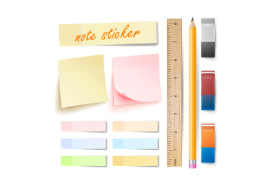 Post Note Sticker Vector. Isolated Set. Memory Pads Colorful. Office Color Post Sticks. Eraser, Pencil, Measuring Ruler. Realistic Illustration
