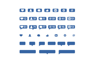 Notifications Icons Template Vector. Social network app symbols of heart like, new message bubble, friend request quantity number. Smartphone application messenger interface web notice set