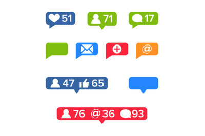 Notifications Icons Template Vector. Social network app symbols of heart like, new message bubble, friend request quantity number. Smartphone application messenger interface web notice elements set