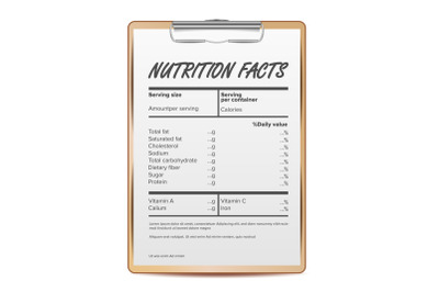 Nutrition Facts Vector. Blank, Template. Food Content. Fat Information. Protein Sport. Grams And Percent. Illustration