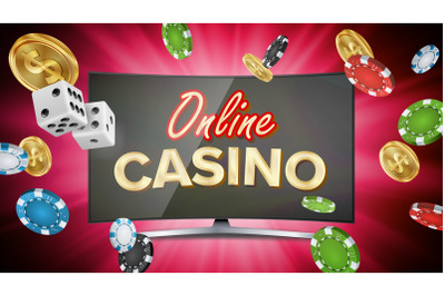 Online Casino Vector. Banner With Computer Monitor. Online Poker Gambling Casino Banner Sign. Bright Chips, Dollar Coins, Banknotes. Illustration