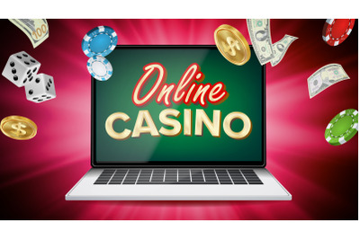 Online Casino Vector. Banner With Laptop. Poker Gambling Casino Poster Sign. Jackpot Billboard, Promo Concept Illustration.