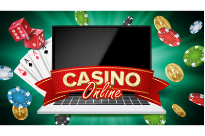 Online Casino Banner Vector. Realistic Laptop. Gambling Casino Banner Sign. Explosion Chips, Playing Dice. Illustration