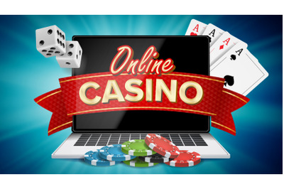 Online Casino Poster Vector. Modern Laptop Concept. Signage&2C; Marketing Luxury Banner&2C; Poster Illustration.