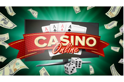 Online Casino Banner Vector. Realistic Computer Monitor. Winner Lucky Symbol. Jackpot Casino Billboard&2C; Signage&2C; Marketing Luxury Poster Illustration.