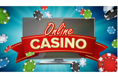 Online Casino Poster Vector. Modern Computer Monitor Concept. Jackpot Billboard, Marketing Luxury Illustration.