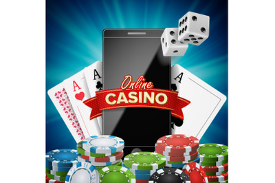 Online Casino Banner Vector. Realistic Smart Phone. Explosion Bright Chips, Playing Dice, Dollar Banknotes. Winner Symbol. Jackpot Billboard, Luxury Banner Illustration.