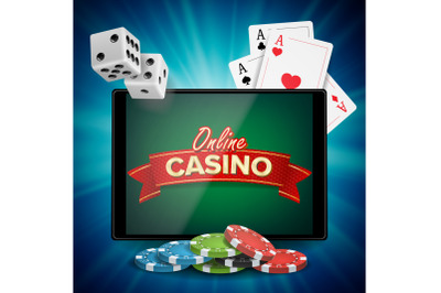 Online Casino Vector. Banner With Tablet. Bright Chips, Dollar Coins. Jackpot Casino Billboard, Signage, Marketing Luxury Poster Illustration.