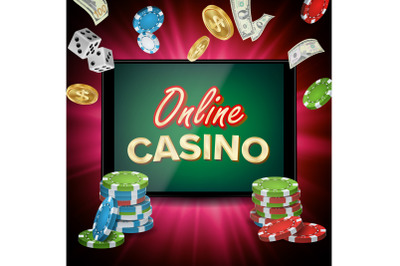 Online Casino Banner Vector. Realistic Tablet. Flying Dollar Coins, Banknotes Explosion. Winner Concept. Jackpot Billboard, Marketing Luxury Illustration.