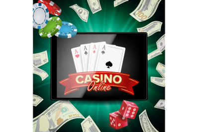 Online Casino Poster Vector. Modern Mobile Tablet Concept. Jackpot Advertising Concept Illustration.