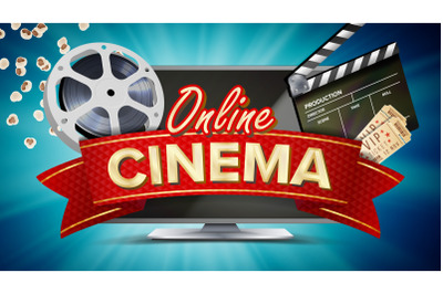 Online Cinema Vector. Banner With Computer Monitor. Popcorn, 3D Glasses, Film-strip Cinematography. Online Movie Banner Sign. Bright Poster. Illustration